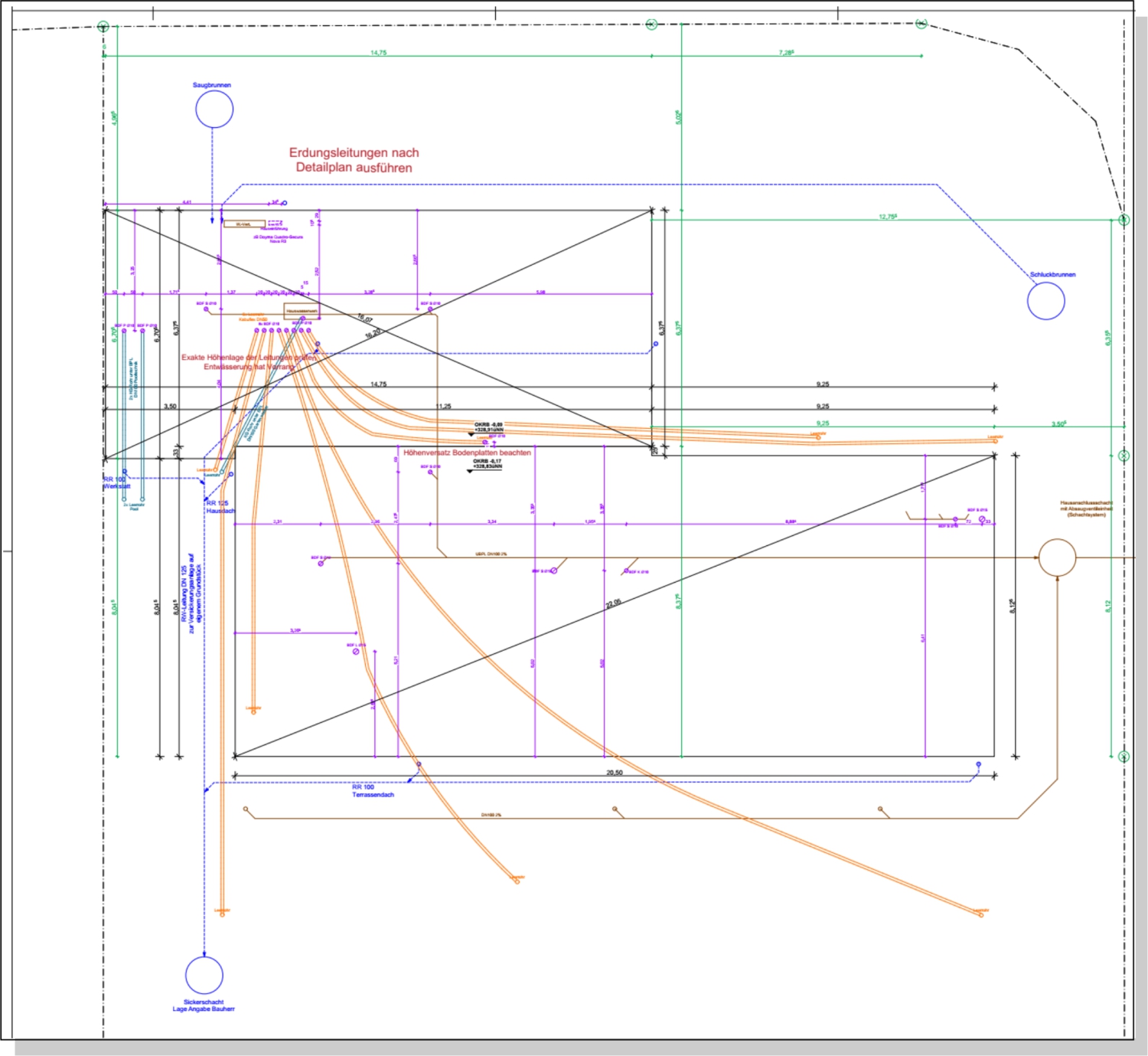 Plan, Architekt, Lage Baugrube, Bodenplatte, Leitungen im Gelände